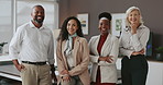 Office, teamwork and face of happy business people for about us, confidence and company pride. Professional, corporate consultants and portrait of men and women for collaboration, support and growth