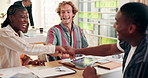Excited, business people and meeting with tablet or hands together for teamwork or motivation at office. Happy group, creative employees or piling with stack or clapping for collaboration or unity