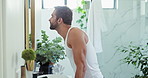 Smile, man and mirror with skincare in bathroom of facial results, beauty and wellness benefits. Confident, male person and reflection with dermatology check, natural cosmetics and self care at house