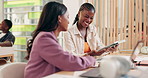 Women, tablet and creative discussion with meeting for update, report and explanation on interior designer project. Business people, advice and feedback or process for employee partnership deadline