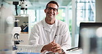 Happy, scientist and man with laptop, lab and medical research for test results or data collection. Healthcare, person and investigation for cure of HIV infection, science and tech for treatment