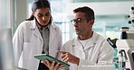 Healthcare, scientist and people with tablet, lab and medical research for cure of disease or teamwork. Clinic, colleagues and collaboration with tech for info, online or reverse process of Alzheimer