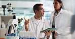 Colleagues, scientist and people with tablet, lab and medical research for cure of disease or teamwork. Clinic, online and collaboration with tech for healthcare, info or reverse process of Alzheimer