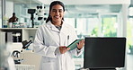 Face, woman and scientist on tablet in lab for research, medical results and record investigation. Smile, person and digital for experiment notes, review checklist and healthcare information on virus