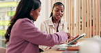 Women, tablet and creative feedback with meeting for update, report and explanation on interior designer project. Business people, advice and discussion or process for employee partnership deadline