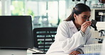 Science, microscope and woman on laptop for medical research, drug development or biotechnology experiment. Computer, scientist and microbiology for test, healthcare innovation or pharma study in lab