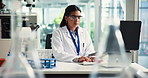 Woman, scientist and notes on computer in lab communication, research and medical results. Female person, pc and feedback report for experiment, review checklist and healthcare information on vaccine