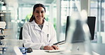 Face, woman and scientist with computer in lab communication, research and medical results. Female person, pc and feedback report of experiment, review checklist and healthcare information on vaccine