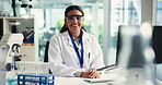 Smile, woman and scientist with face on computer for communication, research and medical results. Person, pc and feedback report for experiment, review checklist and healthcare information on vaccine