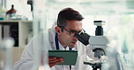Man, scientist and check microscope with tablet for research, studying bacteria and medical results. Male person, biotechnology and digital for experiment notes, growth feedback and sample of vaccine