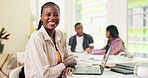 Face, laptop and laughing with business woman at boardroom table in office for meeting or planning. Computer, funny or happy and employee in workplace with colleagues for development or research