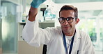 Scientist, beaker and man with chemical for research, cure development or drug test. Chemist, science and happy doctor with liquid for medical inspection, healthcare innovation or pharma study in lab