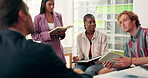 Learning, lecturer and people with books, education and questions for literature in classroom or smile. Teaching, student and group with info for knowledge, teacher or studying for exam or university