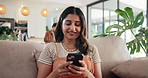 Happy, woman and relax with phone at house to browse social media, communication and reading blog. Smile, female person and mobile for chatting, message to contact and typing feedback of notification