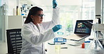 Chemical, syringe and scientist with glass beaker in laboratory for solvent experiment, research or test. Discovery, professional and woman biologist with liquid for chemistry innovation with formula