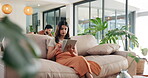 Typing, search and tablet with woman on sofa for social media post, reading or online update. Networking, newsletter subscription and connection with person in living room at home for chat and scroll