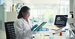 Office, scientist and woman with tablet, medical research and data collection for experiment or chemical. Healthcare, online and person with tech for investigation, synthesis analysis of treatment