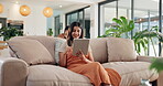 Smile, reading and tablet with woman on sofa for social media post, search and online update. Networking, newsletter subscription and connection with person in living room at home for chat and scroll