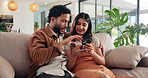 Love, phone and pointing with couple on sofa in living room of home for communication or social media. App, mobile search or smile with man and woman in apartment together for bonding or browsing