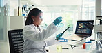 Chemical, scientist and woman with tablet, medical research and data collection for experiment or office Healthcare, online and person with tech for investigation, synthesis and analysis of treatment