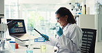 Excited, scientist and woman with tablet, medical research and data collection for experiment and office. Healthcare, breakthrough and person with tech for investigation, synthesis and celebration