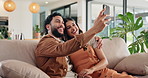 Happy couple, relax and selfie in home for love, bonding and talk together for memory of marriage. Man, woman and picture for photography on sofa, social media post or embrace partner in relationship