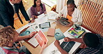 Professor, class and helping at business college, top view and group discussion for course project. People, teacher and sharing knowledge on module for research, university education and support