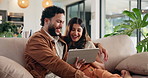 Couple, tablet and laugh on sofa, talk and scroll on web with social media, meme and relax in living room. People, man and woman with touchscreen, application and funny chat on couch at apartment