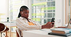 Tired, student and phone with black woman in classroom for research project, college news and learning app. Bored, scholarship application and mobile with person in University for planning or contact