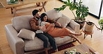 Home, couple and talking with phone for interior design, support or digital ideas for decoration. Above, woman or man with mobile for DIY renovation, conversation or furniture web for online shopping