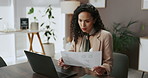 Documents, office and business woman on laptop for finance report, research and analytics. Professional, company and person on computer for financial planning, online project and fintech proposal
