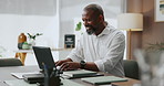 Office, happy and business black man on laptop for online planning, proposal and research. Professional, company consultant and person on computer for project management, report and typing email