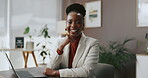 Office, black woman and face with smile for business, research and secretary with confidence. Workplace, female person and corporate consultant in portrait for administration, about us and ambitious
