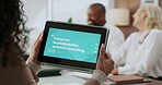 Office, hands and tablet with screen for investment, financial presentation and meeting for business. Collaboration, clients and sustainability consultant with digital for report, review and people