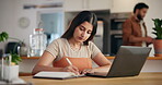 Woman, writing and notes with laptop at house for research, schedule update and editing blog. Female person, notebook and reminder of information, article feedback and to do list of publishing agency