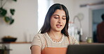 Woman, writer and laptop with remote work at house for research, schedule update and editing blog. Female person, online and email with feedback, writing article and information for publishing agency