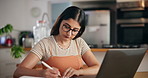 Woman, journalist and notes on laptop at house of research, schedule update and editing blog. Female person, writing and reminder for information, article feedback and to do list of publishing agency