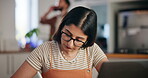 Woman, writer and notes on laptop at house for research, schedule update and editing blog. Female person, journalist and reminder for information, article feedback and to do list of publishing agency