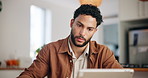 Home, businessman and reading with tablet for research, planning and schedule with writer for remote work. Freelancer, male person and tech with writing for notes, article tips or info for journalist