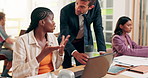 Business, design or laptop with manager and employee in office for development, feedback or training. Assistance, computer and creative with people at work for coaching or performance review