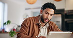 Home, man and writing with tablet for research, planning and schedule with writer for remote work. Freelancer, male person and digital with book for notes, article tips and information for journalist