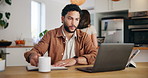 Coffee, writer and man on laptop in home for research, schedule update and editing blog. Review, journalist and drinking beverage for writing story draft, article or to do list of publishing task