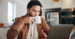 Coffee, writer and man on laptop in remote work for research, schedule update and editing blog. Review, home or journalist drinking beverage for writing story draft, article or to do list of task