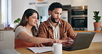 Couple, laptop and documents for debt, bills and financial planning in home. Computer, man and woman with budget, stress and asset management for mortgage payment, loan and discussion for inflation