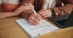 Hands, insurance documents and couple with laptop, writing and financial decision in home. Man, woman and application with signature, planning or talk for budget, premium or safety for property