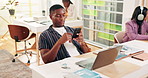 Phone, student and man in college for learning, education and scroll social media on internet. Mobile, university and serious person online for exam results, typing text or reading class schedule