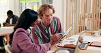 Business people, tablet and creative advice with meeting for update, report and explanation on interior designer project. Manager, feedback and discussion or process for employee partnership deadline