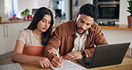 Couple, document and signature for finance in home, mortgage application and loan form. Laptop, man and woman sign contract for insurance agreement, tax return and conversation to help with policy