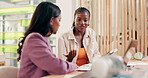 Design, teamwork and question with business women in office for conversation or feedback. Artistic, creative and review with employee speaking to colleague in workplace for ideas or planning