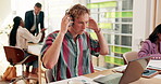 Laptop, man and headphones for college assignment, typing and research for studying module. Business course, streaming podcast and portal for university education, person and learning development